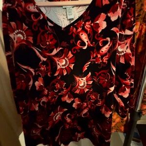 Floral Red and Black Long Sleeve Velour Top